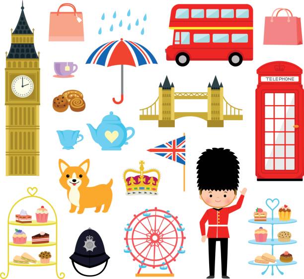 런던-만화 세트 - england stock illustrations