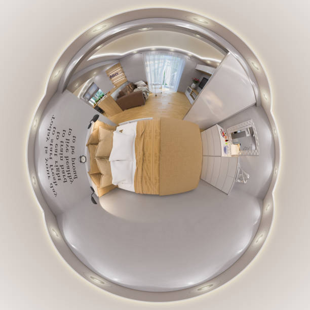 3d rendering seamless panorama of bedroom 3d illustration spherical 360 degrees, seamless panorama of bedroom interior design. Modern studio apartment in the Scandinavian minimalist style. Little planet and tiny world style japan small apartment stock pictures, royalty-free photos & images