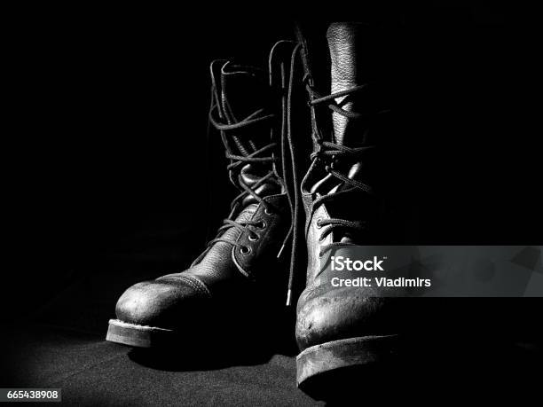 Military Leather Boots Over Black Background Stock Photo - Download Image Now - Boot, Army Soldier, Military