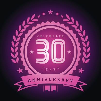 Vector of purple color 30 years anniversary emblem with dark green color background. This illustration is an EPS10 file and contains transparency effects.