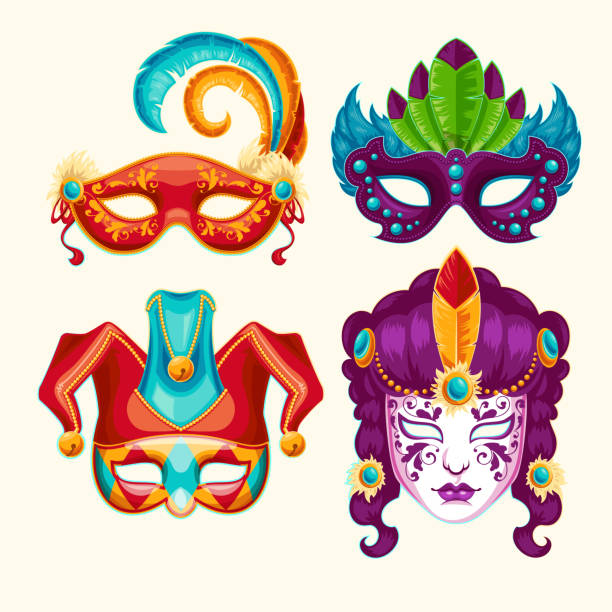 Collection of cartoon carnival masks decorated with feathers and rhinestones Collection of cartoon illustrations of venetian painted carnival facial masks for a party decorated with feathers and rhinestones isolated on a light background carnival mask women party stock illustrations
