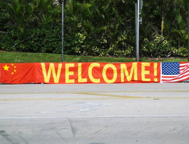 Welcome China! The Chinese President Xi Jinping visit to West Palm Beach, Florida for a two-day summit on April 6 & 7, 2017 with President Trump. He’s staying at the Eau Palm Beach Resort and Spa in Lantana.  Welcome signs are on both sides of the street in front of the hotel and will have fencing for protection. xi jinping stock pictures, royalty-free photos & images