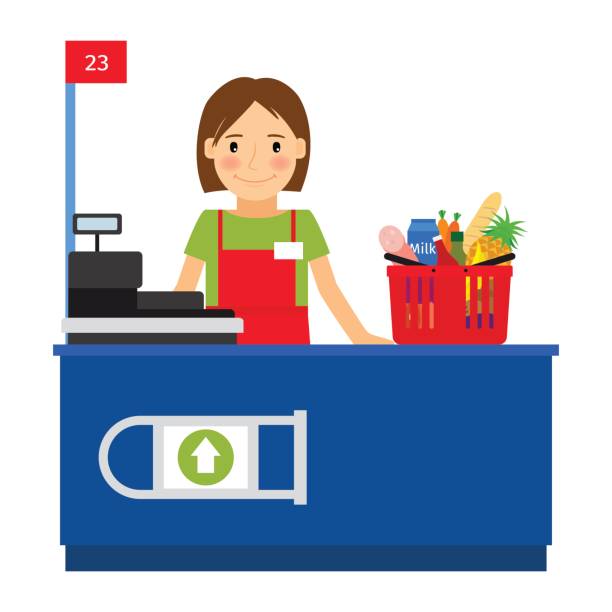 Cashier woman and shopping cart Cashier woman at the cash register machine and a shopping cart. Vector illustration grocery store cashier stock illustrations