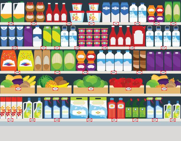 ilustraciones, imágenes clip art, dibujos animados e iconos de stock de estantes de las tiendas con antecedentes de productos - supermercado
