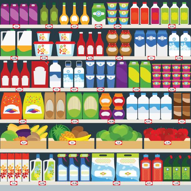 Store shelves with groceries background Vertical vector background, store shelves full of groceries. Vector illustration grocery shelf cans stock illustrations