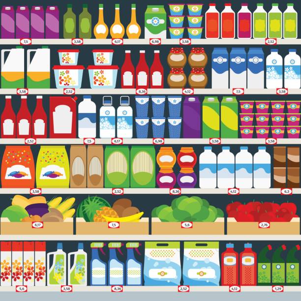 Store shelves with groceries background Vertical vector background, store shelves full of groceries. Vector illustration supermarket aisles vector stock illustrations