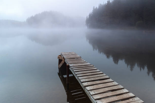 istock Wooden pier in a misty lake 665486678