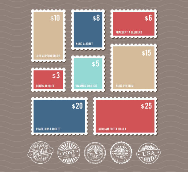 Blank postage stamps in different sizes and vintage postmarks vector set Blank postage stamps in different sizes and vintage postmarks vector. Set of color stamps with price, illustration of rectangular stamp post office stock illustrations