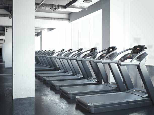 istock Set of treadmills near windows. 3d rendering 665487070