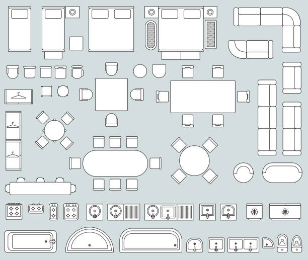 ilustrações, clipart, desenhos animados e ícones de interior de vista superior com linha mobília ícones vetor definido - mesa mobília