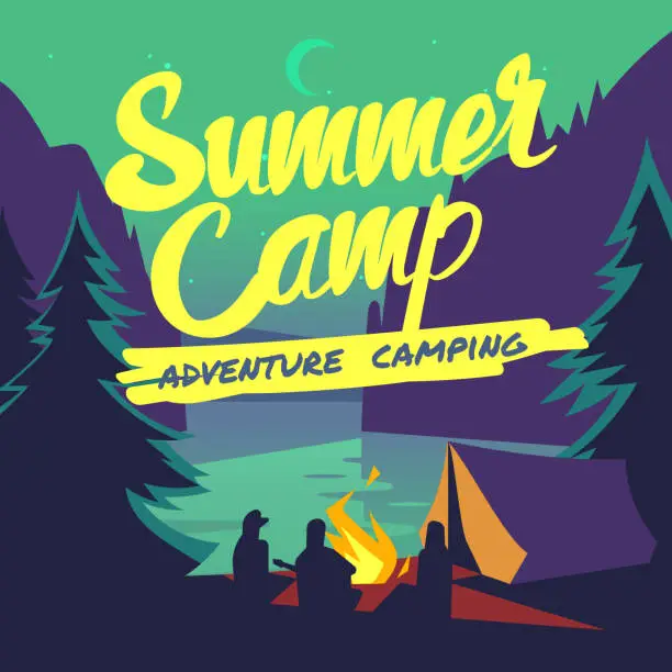 Vector illustration of Night forest with moonlight and campfire summer adventure camping vector poster