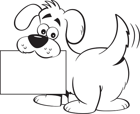 Black and white illustration of a dog holding a sign.