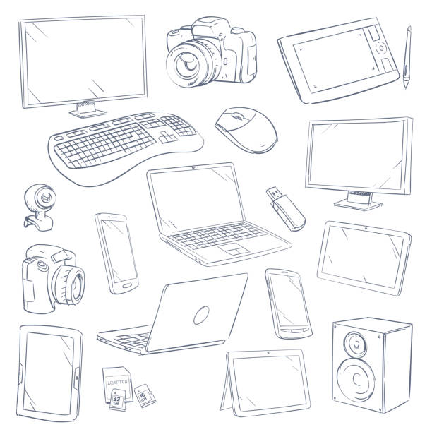 ilustrações, clipart, desenhos animados e ícones de conjunto de esboço de informática gadgets vector mão desenhada, - animal backgrounds audio