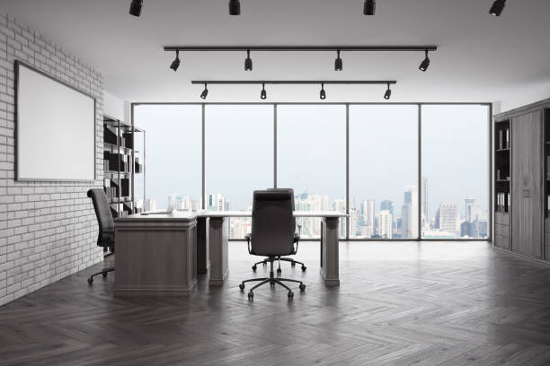 istock Front view of loft CEO office with city view 665498330