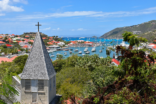 St Barts, Caribbean, harbor view with church in front