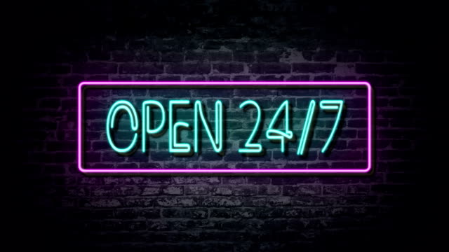 Flashing Open 24/7 neon sign