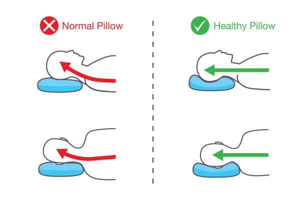 ilustraciones, imágenes clip art, dibujos animados e iconos de stock de línea de la columna vertebral de las personas cuando duermen en diferentes almohadas. - wrong side