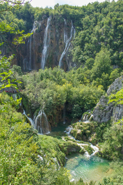 istock Tourists next to tall waterfall in Plitvice lakes, Croatia 665511912