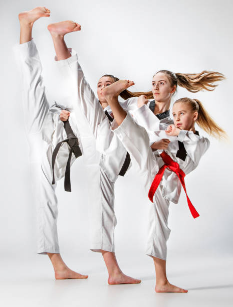 la toma de estudio del grupo de entrenamiento de artes marciales de karate niños - martial arts women tae kwon do black belt fotografías e imágenes de stock