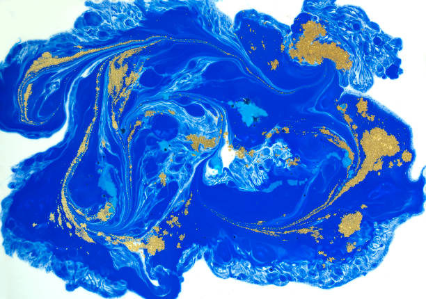istock Blue and golden liquid texture. Watercolor hand drawn marbling illustration. Ink marble background. 665541264