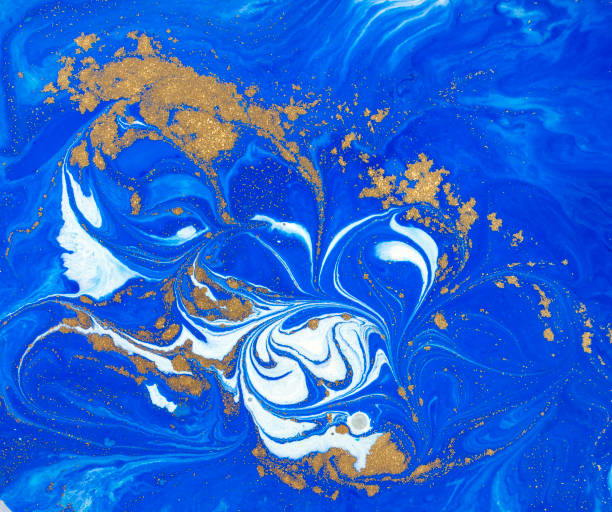 istock Blue and golden liquid texture. Watercolor hand drawn marbling illustration. Ink marble background. 665544548