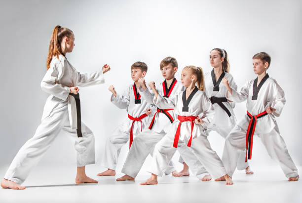o tiro de estúdio do grupo de crianças, treinamento de artes marciais de karatê - martial arts women tae kwon do black belt - fotografias e filmes do acervo