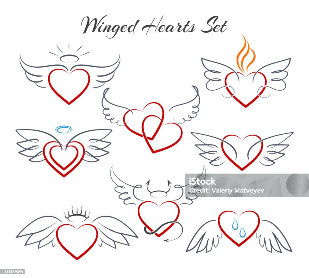 Winged heart set. Hearts with wings in doodle style vector illustration isolated on white background Winged heart set. Hearts with wings in doodle style vector illustration isolated on white background. Decoration sketch heart with nimbus Heart Shape stock vector