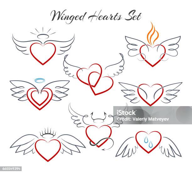 Winged Heart Set Hearts With Wings In Doodle Style Vector Illustration Isolated On White Background Stock Illustration - Download Image Now