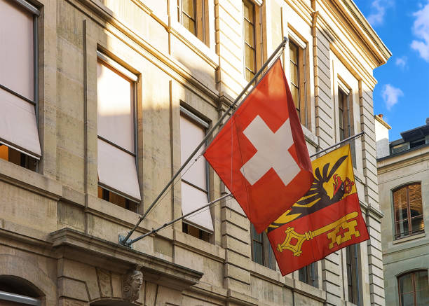istock Flags on Place Taconnerie at Geneva old town 665552180