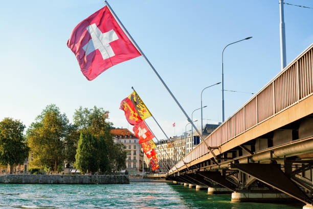 istock Mont Blanc bridge Swiss flags over Geneva Lake 665552510