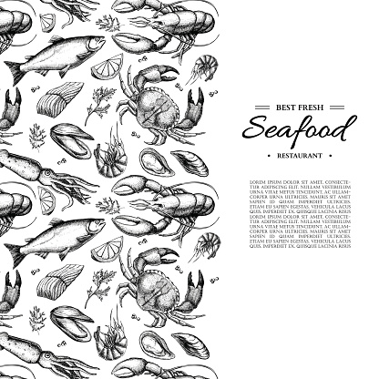 Seafood hand drawn vector illustration. Crab, lobster, shrimp, oyster, mussel, caviar and squid. Engraved style vintage template. Fish and sea food restaurant menu, flyer, card, business promote