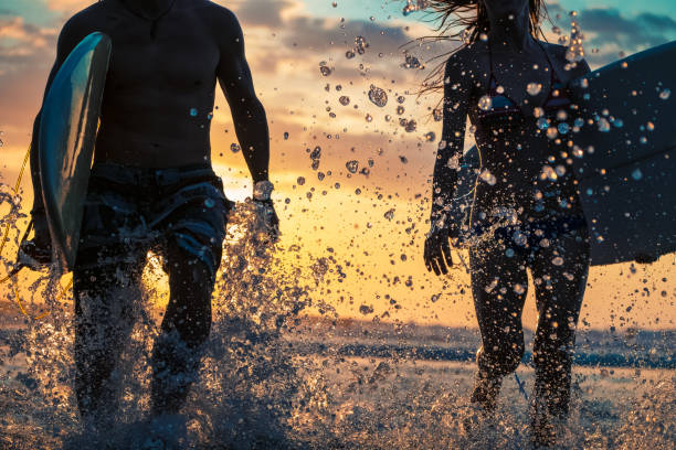 istock Couple of surfers at sunset 665555608