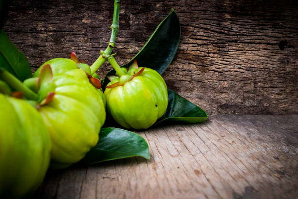 close up of garcinia cambogia fresh fruit on wood background. - kd imagens e fotografias de stock