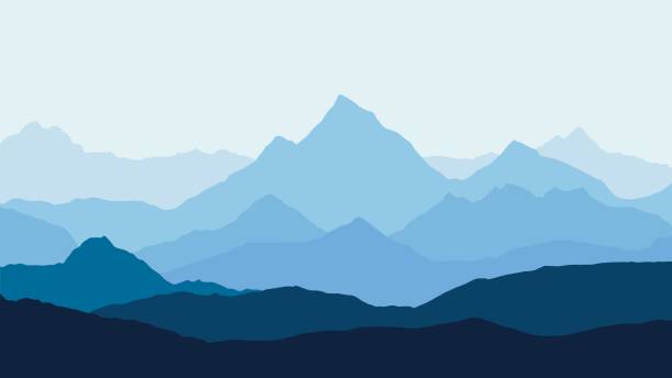 illustrazioni stock, clip art, cartoni animati e icone di tendenza di vista panoramica del paesaggio montano con nebbia nella valle sottostante con il cielo blu alpenglow e il sole nascente - vettore - sagoma controluce illustrazioni