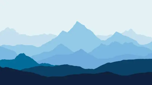 Vector illustration of panoramic view of the mountain landscape with fog in the valley below with the alpenglow blue sky and rising sun - vector