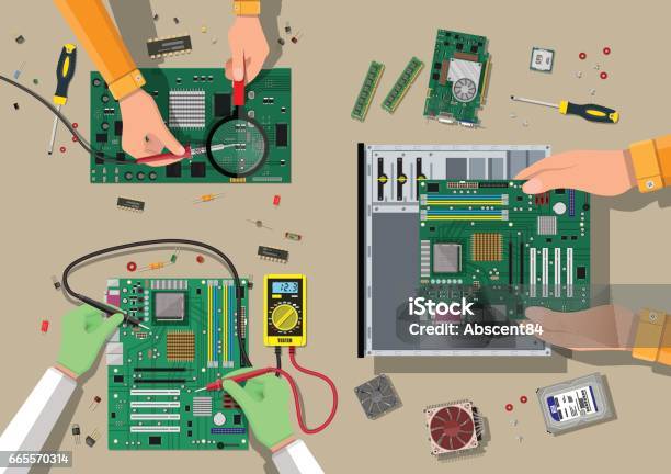 Service Recovery Warranty Fixing Assembling Pc Stock Illustration - Download Image Now - Computer, Computer Chip, Repairing