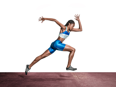 The Young african woman running on runing track on white background. Studio shot