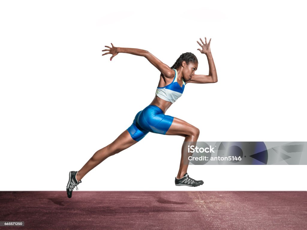 The female athlete running on runing track The Young african woman running on runing track on white background. Studio shot Running Stock Photo