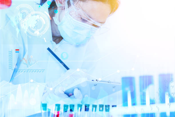 istock Flask in scientist hand with test tubes for analysis. 665578174