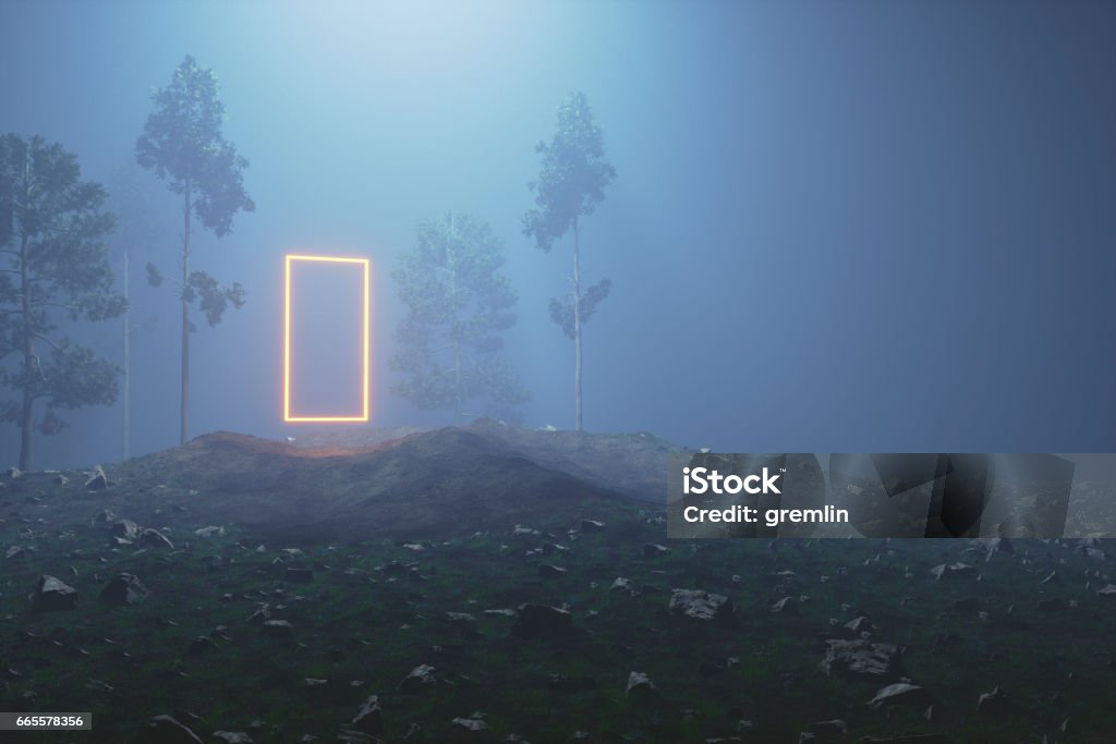 Mysterious glowing portal in the forest at night Mysterious glowing portal in the forest at night. Door Stock Photo