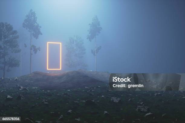 Mysterious Glowing Portal In The Forest At Night Stock Photo - Download Image Now - Door, Forest, Futuristic