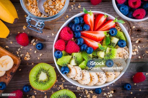 Breakfast Bowl Granola With Banana Kiwi Raspberry Strawberry Blueberry And Chia Seeds Stock Photo - Download Image Now