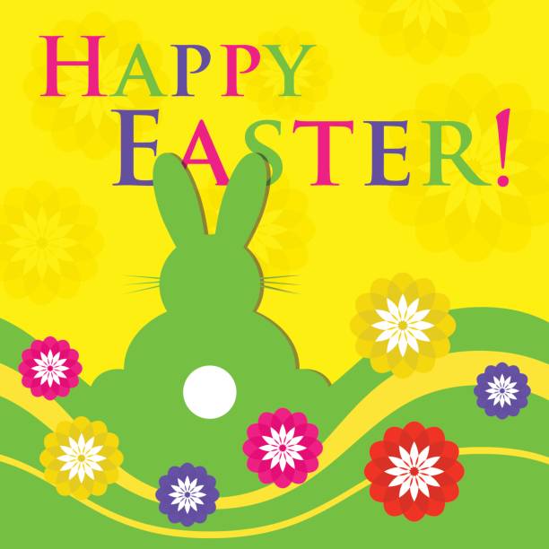 ilustrações de stock, clip art, desenhos animados e ícones de easter colored greeting card - rabbit with flowers - color image colored background easter animal body part