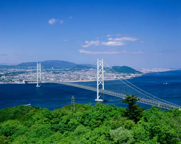 Akashi-Kaikyo Bridge in green
