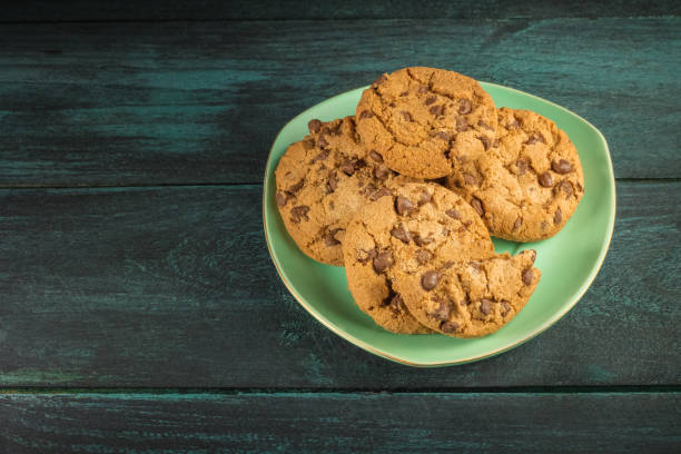 istock A teal plate of chocolate chips cookies with copyspace 665630288
