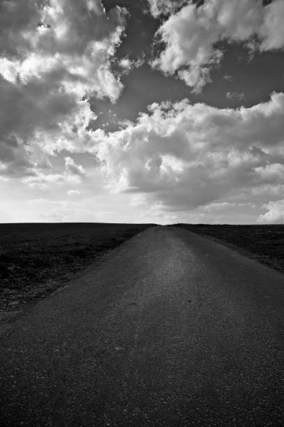 istock Country road and cloudy sky in black and white 665637440