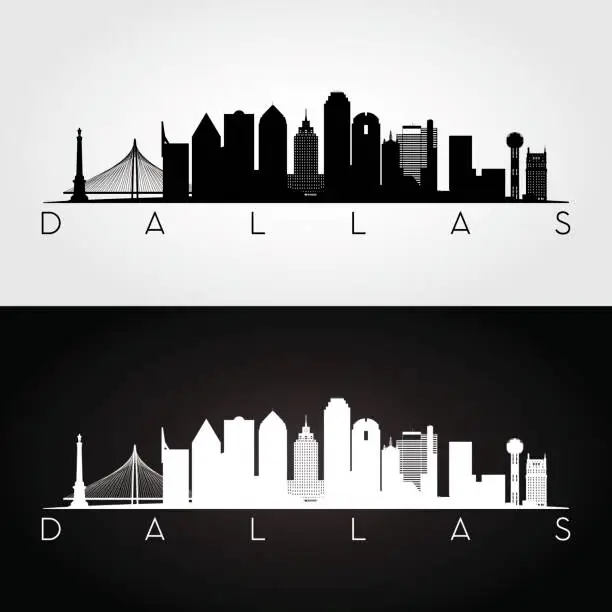 Vector illustration of Dallas USA skyline and landmarks silhouette, black and white design, vector illustration.
