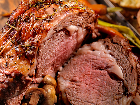 Standing Rib Roast with Mushrooms, Carrots, Leeks and Yorkshire Pudding