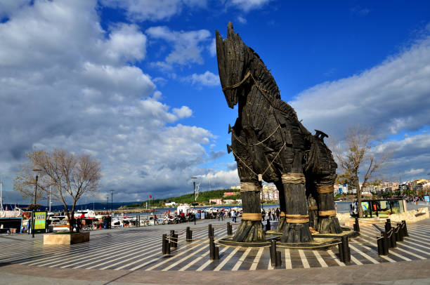 Troia Horse Canakkale,Turkey July 19, 2014: Wooden horse used at the movie of Troy. It was given to city of Canakkale as a present in 2004. it is located and displayed at a public park near the coast of Canakkale. troia stock pictures, royalty-free photos & images