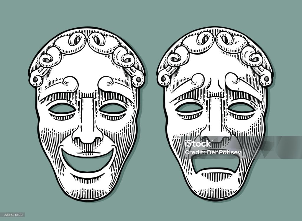 Comedy and tragedy theater masks. Vector engraving vintage black illustration Comedy and tragedy theater masks. Vector engraving vintage black illustration. Isolated on turquoise background with shadow. Tragedy Mask stock vector